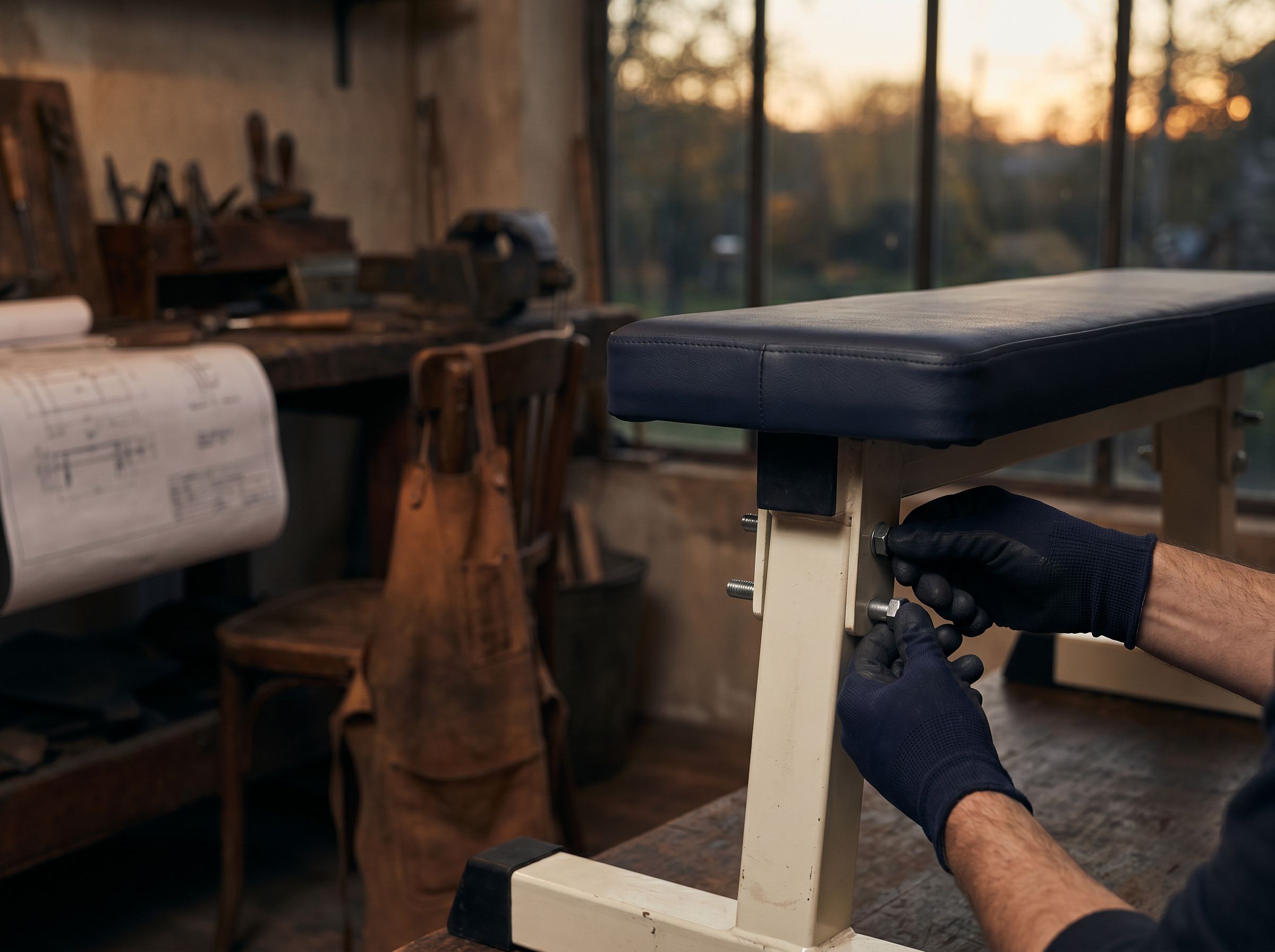 Scène home-gym réel — banc dans un garage aménagé
